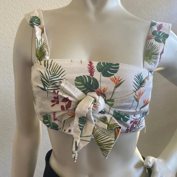 Zara Womens White Green Tropical Crop Tank Top Medium - Picture 6 of 13